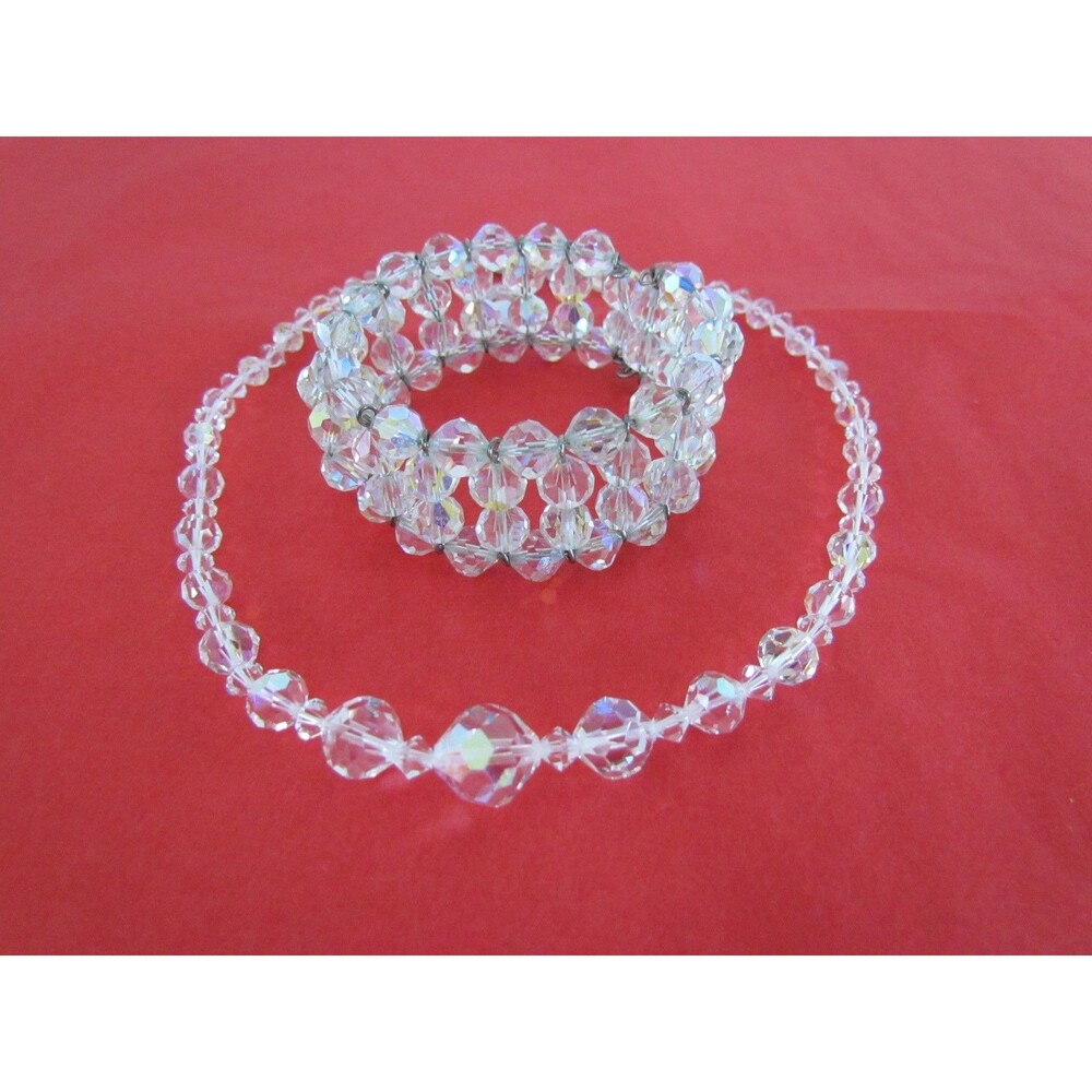Vintage Aurora Borealis Crystal Wired Multilayer Cuff Bracelet Necklace Set